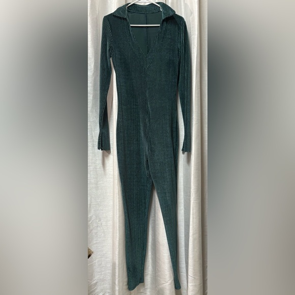 Blush Mark Deep Green Ribbed Jumpsuit S Polo Collar Plunge Neck Romper - Picture 11 of 14